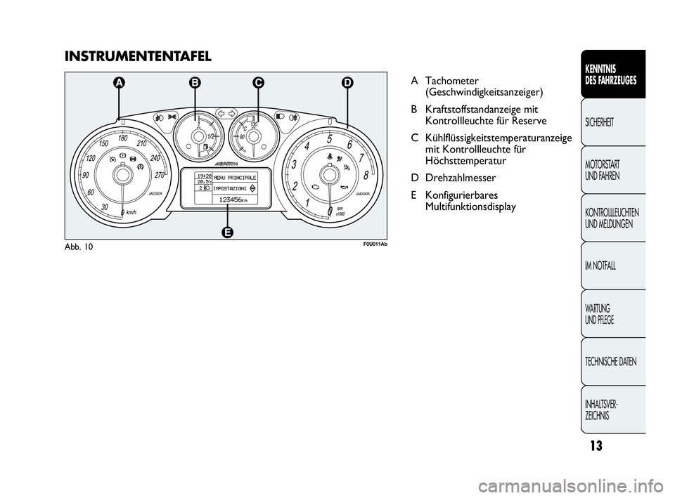 Abarth Punto Evo 2010 Betriebsanleitung (in German) INSTRUMENTENTAFEL
A Tachometer
(Geschwindigkeitsanzeiger)
B Kraftstoffstandanzeige mit
Kontrollleuchte für Reserve
C Kühlflüssigkeitstemperaturanzeige
mit Kontrollleuchte für
Höchsttemperatur
D Abarth Punto Evo 2010 Betriebsanleitung (in German) INSTRUMENTENTAFEL
A Tachometer
(Geschwindigkeitsanzeiger)
B Kraftstoffstandanzeige mit
Kontrollleuchte für Reserve
C Kühlflüssigkeitstemperaturanzeige
mit Kontrollleuchte für
Höchsttemperatur
D