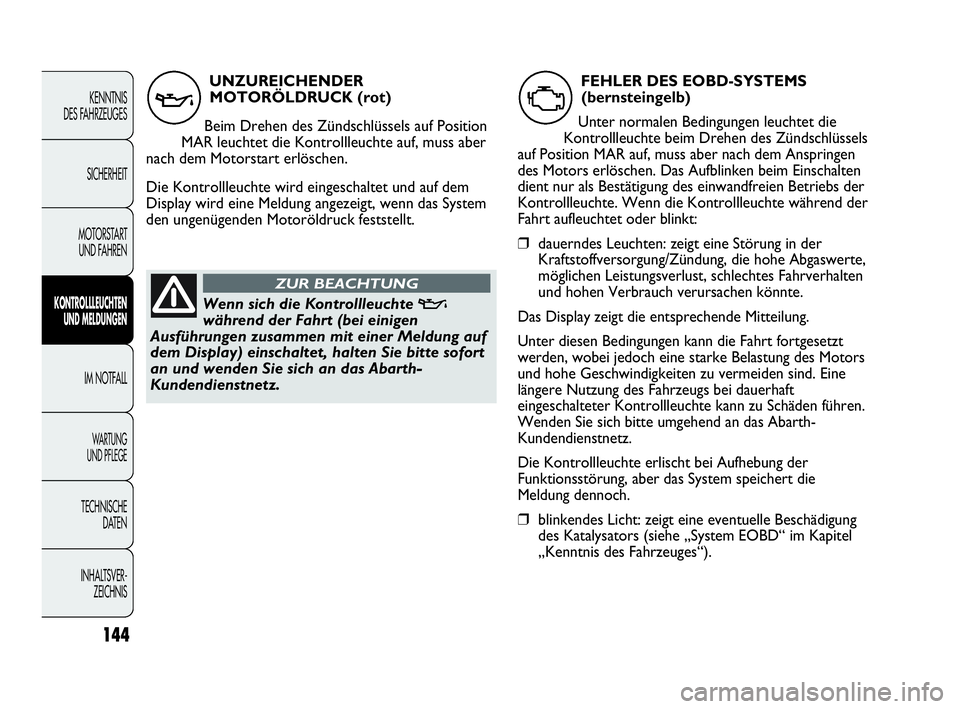 Abarth Punto Evo 2010  Betriebsanleitung (in German) 144
KENNTNIS 
DES FAHRZEUGES
SICHERHEIT
MOTORSTART 
UND FAHREN
KONTROLLLEUCHTEN
UND MELDUNGEN
IM NOTFALL
WA R T U N G  
UND PFLEGE
TECHNISCHE
DATEN
INHALTSVER-
ZEICHNIS 
UNZUREICHENDER
MOTORÖLDRUCK (
