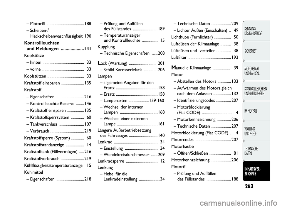 Abarth Punto Evo 2010  Betriebsanleitung (in German) 263
KENNTNIS 
DES FAHRZEUGE
SICHERHEIT
MOTORSTART 
UND FAHRENL
KONTROLLLEUCHTEN
UND MELDUNGEN
IM NOTFALL
WA R T U N G  
UND PFLEGE
TECHNISCHE 
DATEN
INHALTSVER-
ZEICHNIS
– Motoröl .................