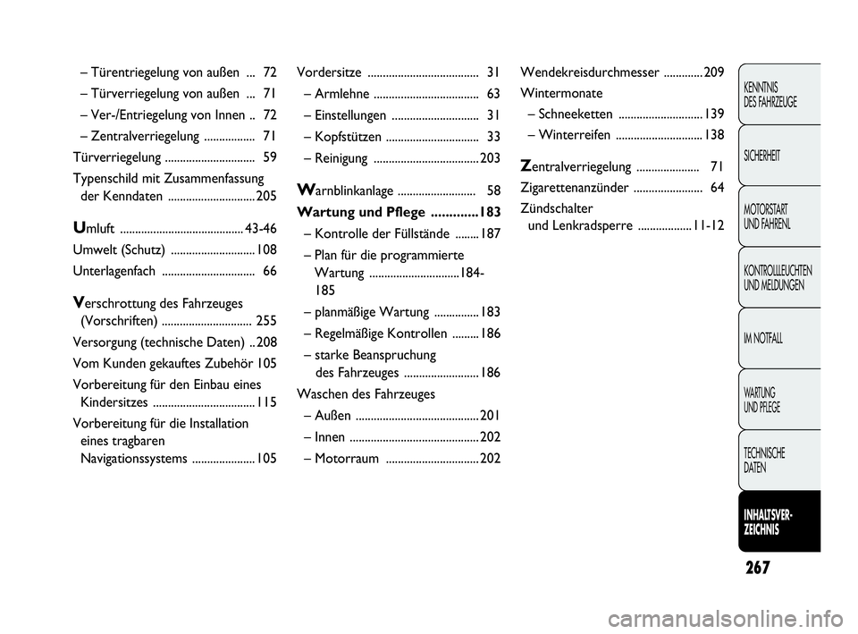 Abarth Punto Evo 2010  Betriebsanleitung (in German) 267
KENNTNIS 
DES FAHRZEUGE
SICHERHEIT
MOTORSTART 
UND FAHRENL
KONTROLLLEUCHTEN
UND MELDUNGEN
IM NOTFALL
WA R T U N G  
UND PFLEGE
TECHNISCHE 
DATEN
INHALTSVER-
ZEICHNIS
– Türentriegelung von auße