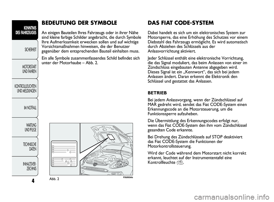 Abarth Punto Evo 2010 Betriebsanleitung (in German) DAS FIAT CODE-SYSTEM
Dabei handelt es sich um ein elektronisches System zur
Motorsperre, das eine Erhöhung des Schutzes vor einem
Diebstahl des Fahrzeugs ermöglicht. Es wird automatisch
durch Abzieh Abarth Punto Evo 2010 Betriebsanleitung (in German) DAS FIAT CODE-SYSTEM
Dabei handelt es sich um ein elektronisches System zur
Motorsperre, das eine Erhöhung des Schutzes vor einem
Diebstahl des Fahrzeugs ermöglicht. Es wird automatisch
durch Abzieh