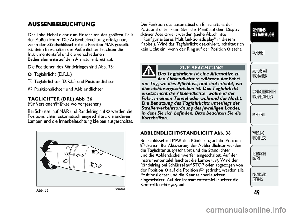 Abarth Punto Evo 2010  Betriebsanleitung (in German) INHALTSVER-
ZEICHNIS  TECHNISCHE 
DATEN WA R T U N G  
UND PFLEGE IM NOTFALL KONTROLLLEUCHTEN
UND MELDUNGEN MOTORSTART 
UND FAHREN SICHERHEIT
KENNTNIS 
DES FAHRZEUGES
49
F0U036AbAbb. 36
Das Tagfahrlic
