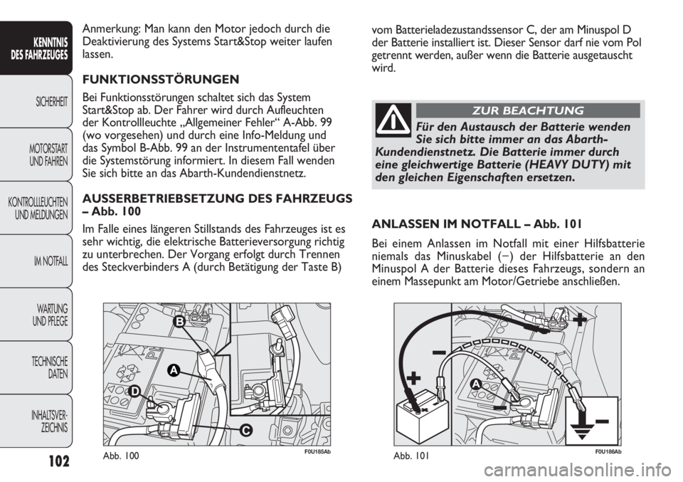 Abarth Punto Evo 2011  Betriebsanleitung (in German) 102
KENNTNIS
DES FAHRZEUGES
SICHERHEIT
MOTORSTART 
UND FAHREN
KONTROLLLEUCHTEN
UND MELDUNGEN
IM NOTFALL
WA R T U N G  
UND PFLEGE
TECHNISCHE
DATEN
INHALTSVER-
ZEICHNIS
F0U185AbAbb. 100F0U186AbAbb. 101