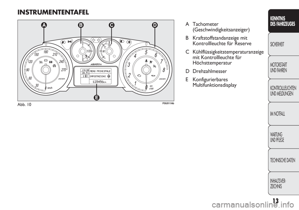 Abarth Punto Evo 2011  Betriebsanleitung (in German) INSTRUMENTENTAFEL
A Tachometer
(Geschwindigkeitsanzeiger)
B Kraftstoffstandanzeige mit
Kontrollleuchte für Reserve
C Kühlflüssigkeitstemperaturanzeige
mit Kontrollleuchte für
Höchsttemperatur 
D 