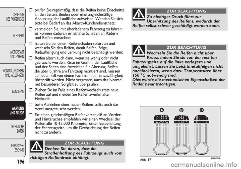 Abarth Punto Evo 2011 Betriebsanleitung (in German) 196
KENNTNIS
DES FAHRZEUGES
SICHERHEIT
MOTORSTART
UND FAHREN
KONTROLLLEUCHTEN
UND MELDUNGEN
IM NOTFALL
WARTUNG
UND PFLEGE
TECHNISCHE
DATEN
INHALTSVER-
ZEICHNIS
F0U175AbAbb. 171
Denken Sie daran, das Abarth Punto Evo 2011 Betriebsanleitung (in German) 196
KENNTNIS
DES FAHRZEUGES
SICHERHEIT
MOTORSTART
UND FAHREN
KONTROLLLEUCHTEN
UND MELDUNGEN
IM NOTFALL
WARTUNG
UND PFLEGE
TECHNISCHE
DATEN
INHALTSVER-
ZEICHNIS
F0U175AbAbb. 171
Denken Sie daran, das
