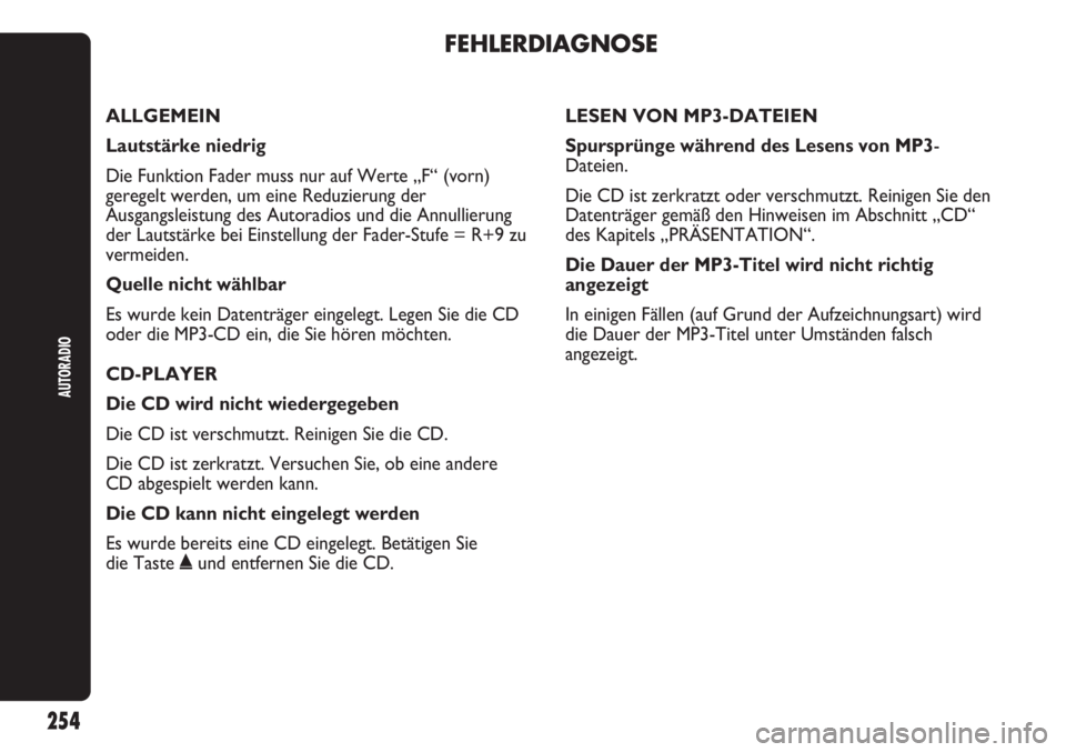 Abarth Punto Evo 2012  Betriebsanleitung (in German) FEHLERDIAGNOSE
AUTORADIO
254
ALLGEMEIN
Lautstärke niedrig 
Die Funktion Fader muss nur auf Werte „F“ (vorn)
geregelt werden, um eine Reduzierung der
Ausgangsleistung des Autoradios und die Annull