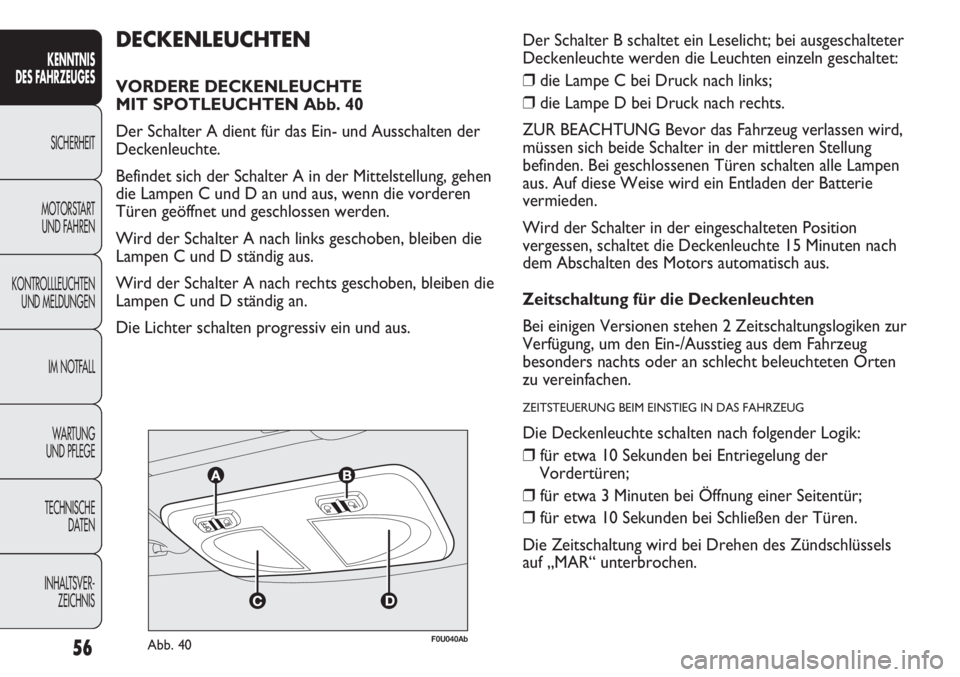 Abarth Punto Evo 2011 Betriebsanleitung (in German) 56
KENNTNIS
DES FAHRZEUGES
SICHERHEIT
MOTORSTART
UND FAHREN
KONTROLLLEUCHTEN
UND MELDUNGEN
IM NOTFALL
WA R T U N G
UND PFLEGE
TECHNISCHE
DATEN
INHALTSVER-
ZEICHNIS
F0U040AbAbb. 40
DECKENLEUCHTEN
VO Abarth Punto Evo 2011 Betriebsanleitung (in German) 56
KENNTNIS
DES FAHRZEUGES
SICHERHEIT
MOTORSTART
UND FAHREN
KONTROLLLEUCHTEN
UND MELDUNGEN
IM NOTFALL
WA R T U N G
UND PFLEGE
TECHNISCHE
DATEN
INHALTSVER-
ZEICHNIS
F0U040AbAbb. 40
DECKENLEUCHTEN
VO