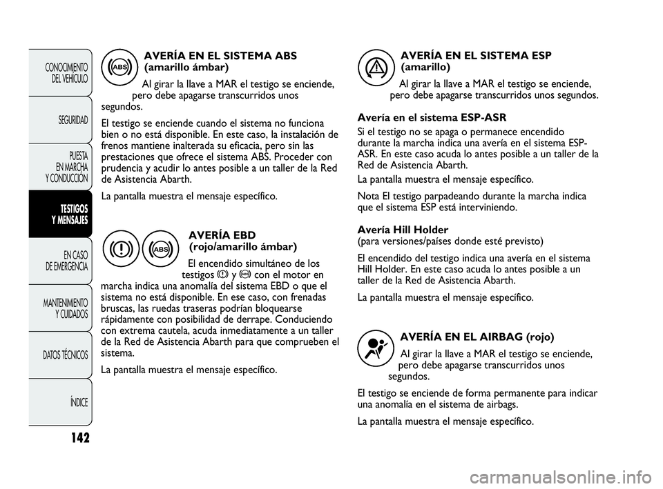 Abarth Punto Evo 2010  Manual de Empleo y Cuidado (in Spanish) 142
CONOCIMIENTO 
DEL VEHÍCULO
SEGURIDAD
PUESTA 
EN MARCHA 
Y CONDUCCIÓN
TESTIGOS 
Y MENSAJES
EN CASO 
DE EMERGENCIA
MANTENIMIENTO 
Y CUIDADOS
DATOS TÉCNICOS
ÍNDICE
AVERÍA EN EL SISTEMA ABS
(amar
