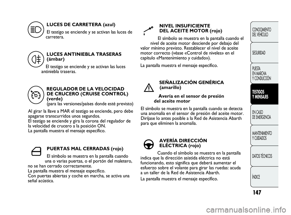 Abarth Punto Evo 2010  Manual de Empleo y Cuidado (in Spanish) 147
CONOCIMIENTO 
DEL VEHÍCULO
SEGURIDAD
PUESTA 
EN MARCHA 
Y CONDUCCIÓN
TESTIGOS 
Y MENSAJES
EN CASO 
DE EMERGENCIA
MANTENIMIENTO 
Y CUIDADOS
DATOS TÉCNICOS
ÍNDICE
REGULADOR DE LA VELOCIDAD 
DE C