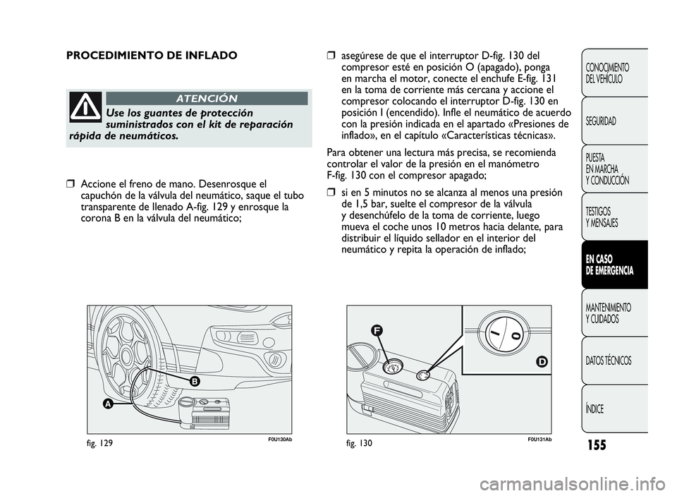 Abarth Punto Evo 2010  Manual de Empleo y Cuidado (in Spanish) F0U131Abfig. 130F0U130Abfig. 129
PROCEDIMIENTO DE INFLADO
Use los guantes de protección
suministrados con el kit de reparación
rápida de neumáticos.
ATENCIÓN
❒asegúrese de que el interruptor D
