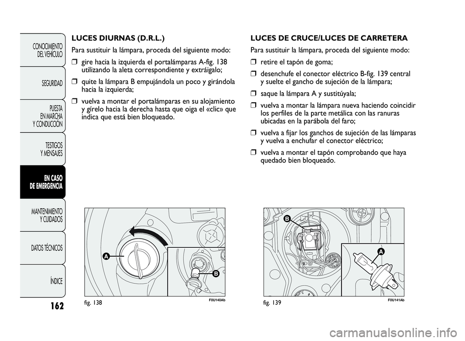 Abarth Punto Evo 2010  Manual de Empleo y Cuidado (in Spanish) 162
F0U140Abfig. 138
LUCES DIURNAS (D.R.L.)
Para sustituir la lámpara, proceda del siguiente modo:
❒gire hacia la izquierda el portalámparas A-fig. 138
utilizando la aleta correspondiente y extrá
