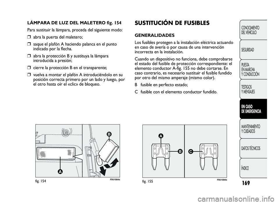 Abarth Punto Evo 2010  Manual de Empleo y Cuidado (in Spanish) 169
CONOCIMIENTO
DEL VEHÍCULO
SEGURIDAD
PUESTA
EN MARCHA
Y CONDUCCIÓN
TESTIGOS
Y MENSAJES
ENCASO
DE EMERGENCIA
MANTENIMIENTO
Y CUIDADOS
DATOS TÉCNICOS
ÍNDICE
F0U156Abfig. 154
LÁMPARA DE LUZ DEL M
