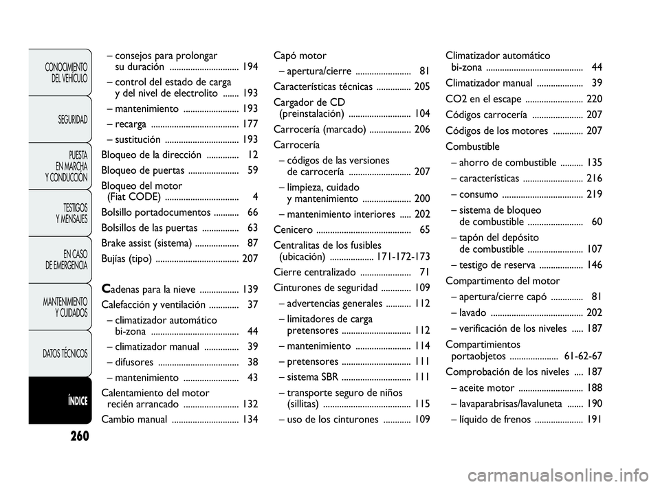 Abarth Punto Evo 2010  Manual de Empleo y Cuidado (in Spanish) 260
CONOCIMIENTO 
DEL VEHÍCULO
SEGURIDAD
PUESTA 
EN MARCHA 
Y CONDUCCIÓN
TESTIGOS 
Y MENSAJES
EN CASO 
DE EMERGENCIA
MANTENIMIENTO 
Y CUIDADOS
DATOS TÉCNICOS
ÍNDICE
– consejos para prolongar 
su