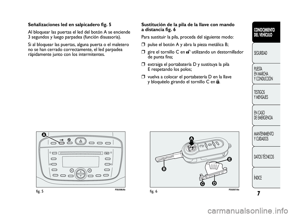 Abarth Punto Evo 2010 Manual de Empleo y Cuidado (in Spanish) 7
F0U006Abfig. 5F0U007Abfig. 6
Sustitución de la pila de la llave con mando
a distancia fig. 6
Para sustituir la pila, proceda del siguiente modo:
❒pulse el botón A y abra la pieza metálica B;
Abarth Punto Evo 2010 Manual de Empleo y Cuidado (in Spanish) 7
F0U006Abfig. 5F0U007Abfig. 6
Sustitución de la pila de la llave con mando
a distancia fig. 6
Para sustituir la pila, proceda del siguiente modo:
❒pulse el botón A y abra la pieza metálica B;