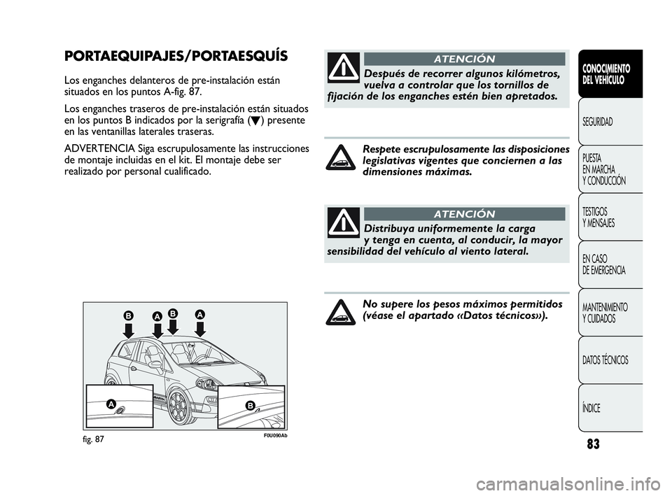 Abarth Punto Evo 2010  Manual de Empleo y Cuidado (in Spanish) 83
CONOCIMIENTO 
DEL VEHÍCULO
SEGURIDAD
PUESTA 
EN MARCHA 
Y CONDUCCIÓN
TESTIGOS 
Y MENSAJES
EN CASO 
DE EMERGENCIA
MANTENIMIENTO 
Y CUIDADOS
DATOS TÉCNICOS
ÍNDICE
F0U090Abfig. 87
PORTAEQUIPAJES/P