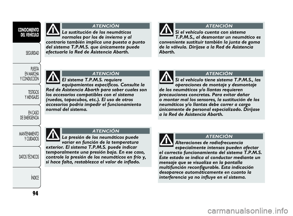Abarth Punto Evo 2010  Manual de Empleo y Cuidado (in Spanish) 94
CONOCIMIENTO 
DEL VEHÍCULO
SEGURIDAD
PUESTA 
EN MARCHA 
Y CONDUCCIÓN
TESTIGOS 
Y MENSAJES
EN CASO 
DE EMERGENCIA
MANTENIMIENTO 
Y CUIDADOS
DATOS TÉCNICOS
ÍNDICE
La sustitución de los neumátic