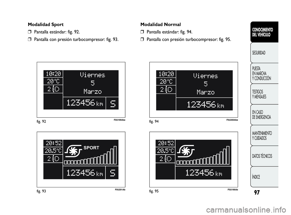 Abarth Punto Evo 2010  Manual de Empleo y Cuidado (in Spanish) 97
CONOCIMIENTO 
DEL VEHÍCULO
SEGURIDAD
PUESTA 
EN MARCHA 
Y CONDUCCIÓN
TESTIGOS 
Y MENSAJES
EN CASO 
DE EMERGENCIA
MANTENIMIENTO 
Y CUIDADOS
DATOS TÉCNICOS
ÍNDICE
F0U201Abfig. 93
F0U199Abefig. 92