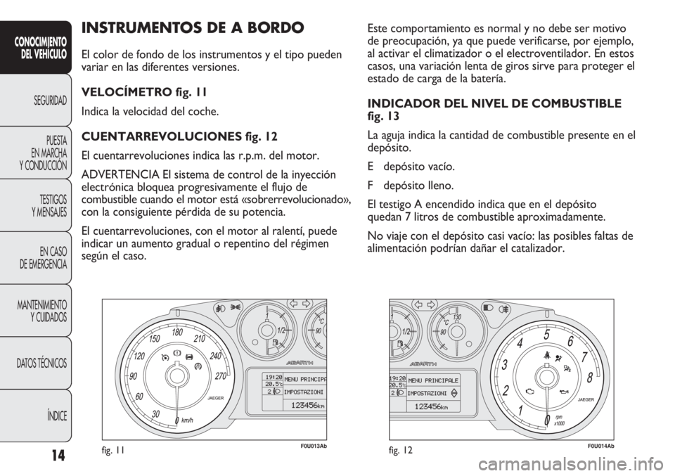 Abarth Punto Evo 2012 Manual de Empleo y Cuidado (in Spanish) 14
INSTRUMENTOS DE A BORDO
El color de fondo de los instrumentos y el tipo pueden
variar en las diferentes versiones.
VELOCÍMETRO fig. 11
Indica la velocidad del coche.
CUENTARREVOLUCIONES fig. 12
E Abarth Punto Evo 2012 Manual de Empleo y Cuidado (in Spanish) 14
INSTRUMENTOS DE A BORDO
El color de fondo de los instrumentos y el tipo pueden
variar en las diferentes versiones.
VELOCÍMETRO fig. 11
Indica la velocidad del coche.
CUENTARREVOLUCIONES fig. 12
E