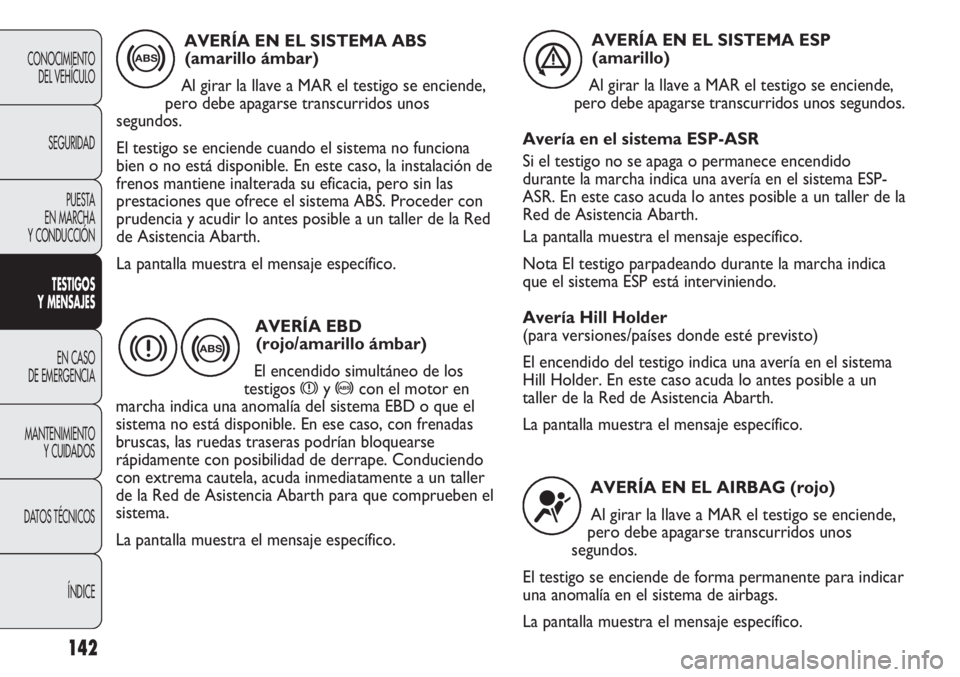 Abarth Punto Evo 2011 Manual de Empleo y Cuidado (in Spanish) 142
CONOCIMIENTO
DEL VEHÍCULO
SEGURIDAD
PUESTA
EN MARCHA
Y CONDUCCIÓN
TESTIGOS
Y MENSAJES
EN CASO
DE EMERGENCIA
MANTENIMIENTO
Y CUIDADOS
DATOS TÉCNICOS
ÍNDICE
AVERÍA EN EL SISTEMA ABS
(amarill Abarth Punto Evo 2011 Manual de Empleo y Cuidado (in Spanish) 142
CONOCIMIENTO
DEL VEHÍCULO
SEGURIDAD
PUESTA
EN MARCHA
Y CONDUCCIÓN
TESTIGOS
Y MENSAJES
EN CASO
DE EMERGENCIA
MANTENIMIENTO
Y CUIDADOS
DATOS TÉCNICOS
ÍNDICE
AVERÍA EN EL SISTEMA ABS
(amarill