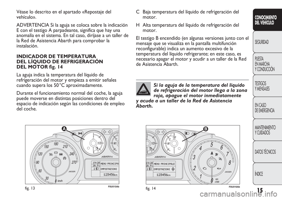 Abarth Punto Evo 2012  Manual de Empleo y Cuidado (in Spanish) 15
CONOCIMIENTO
DEL VEHÍCULO
SEGURIDAD
PUESTA 
EN MARCHA 
Y CONDUCCIÓN
TESTIGOS
Y MENSAJES
EN CASO 
DE EMERGENCIA
MANTENIMIENTO
Y CUIDADOS
DATOS TÉCNICOS
ÍNDICE
F0U015Abfig. 13F0U016Abfig. 14
C Ba