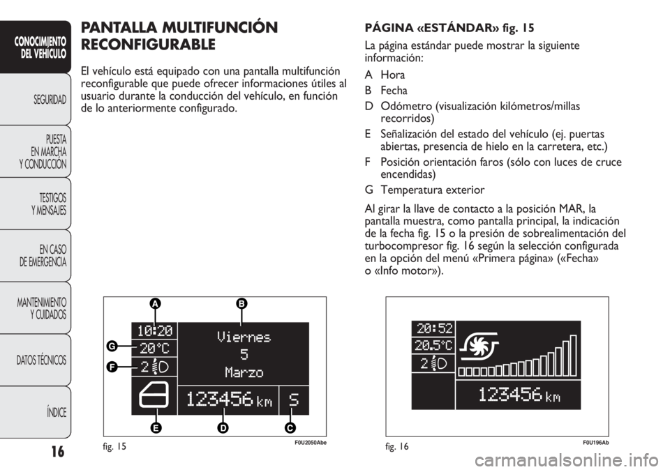 Abarth Punto Evo 2012 Manual de Empleo y Cuidado (in Spanish) 16
CONOCIMIENTO
DEL VEHÍCULO
SEGURIDAD
PUESTA
EN MARCHA
Y CONDUCCIÓN
TESTIGOS
Y MENSAJES
EN CASO
DE EMERGENCIA
MANTENIMIENTO
Y CUIDADOS
DATOS TÉCNICOS
ÍNDICE
fig. 15F0U2050Abe
PANTALLA MULTIFUN Abarth Punto Evo 2012 Manual de Empleo y Cuidado (in Spanish) 16
CONOCIMIENTO
DEL VEHÍCULO
SEGURIDAD
PUESTA
EN MARCHA
Y CONDUCCIÓN
TESTIGOS
Y MENSAJES
EN CASO
DE EMERGENCIA
MANTENIMIENTO
Y CUIDADOS
DATOS TÉCNICOS
ÍNDICE
fig. 15F0U2050Abe
PANTALLA MULTIFUN