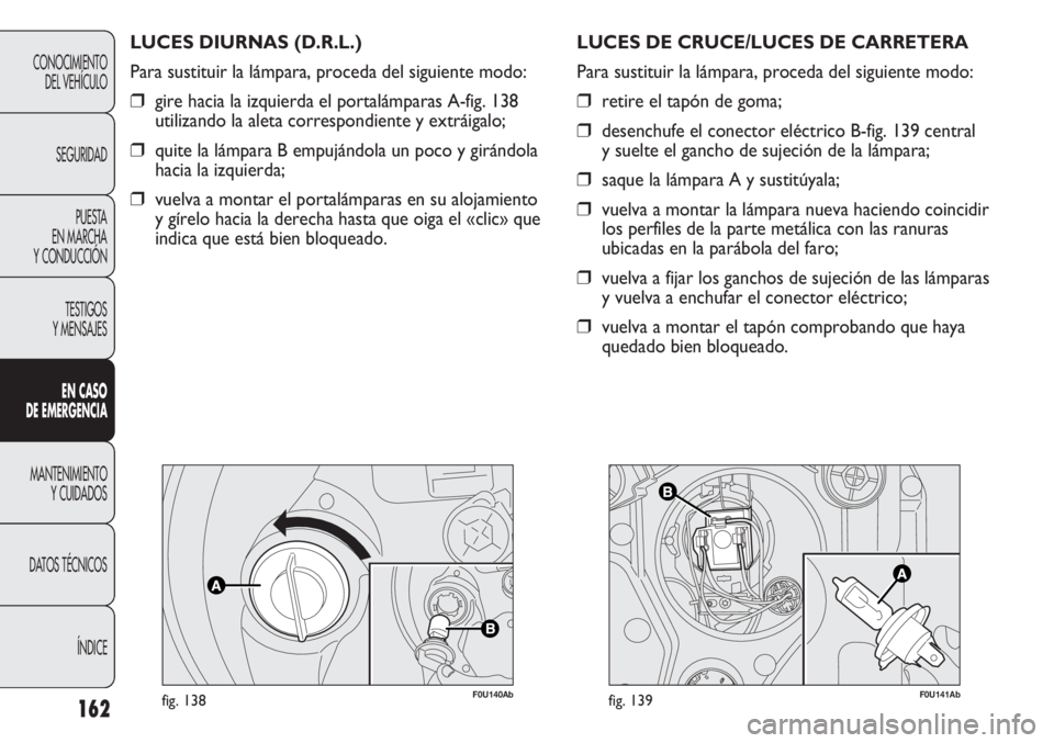 Abarth Punto Evo 2012  Manual de Empleo y Cuidado (in Spanish) 162
F0U140Abfig. 138
LUCES DIURNAS (D.R.L.)
Para sustituir la lámpara, proceda del siguiente modo:
❒gire hacia la izquierda el portalámparas A-fig. 138
utilizando la aleta correspondiente y extrá