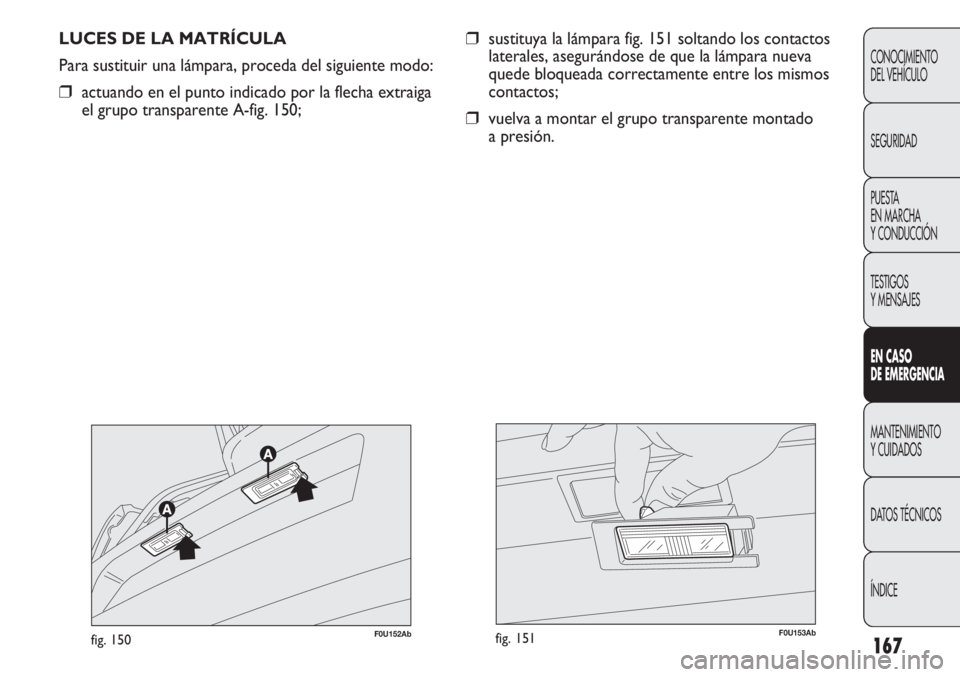 Abarth Punto Evo 2012  Manual de Empleo y Cuidado (in Spanish) 167
CONOCIMIENTO
DEL VEHÍCULO
SEGURIDAD
PUESTA 
EN MARCHA 
Y CONDUCCIÓN
TESTIGOS
Y MENSAJES
EN CASO 
DE EMERGENCIA
MANTENIMIENTO
Y CUIDADOS
DATOS TÉCNICOS
ÍNDICE
LUCES DE LA MATRÍCULA
Para sustit