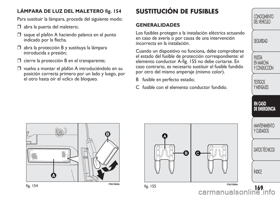 Abarth Punto Evo 2012  Manual de Empleo y Cuidado (in Spanish) 169
CONOCIMIENTO
DEL VEHÍCULO
SEGURIDAD
PUESTA 
EN MARCHA 
Y CONDUCCIÓN
TESTIGOS
Y MENSAJES
EN CASO 
DE EMERGENCIA
MANTENIMIENTO
Y CUIDADOS
DATOS TÉCNICOS
ÍNDICE
F0U156Abfig. 154
LÁMPARA DE LUZ D