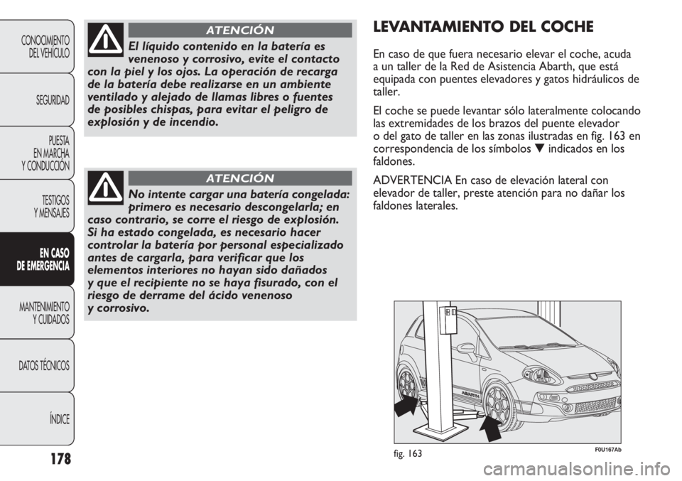 Abarth Punto Evo 2012  Manual de Empleo y Cuidado (in Spanish) 178
CONOCIMIENTO
DEL VEHÍCULO
SEGURIDAD
PUESTA 
EN MARCHA 
Y CONDUCCIÓN
TESTIGOS
Y MENSAJES
EN CASO 
DE EMERGENCIA
MANTENIMIENTO
Y CUIDADOS
DATOS TÉCNICOS
ÍNDICE
El líquido contenido en la bater