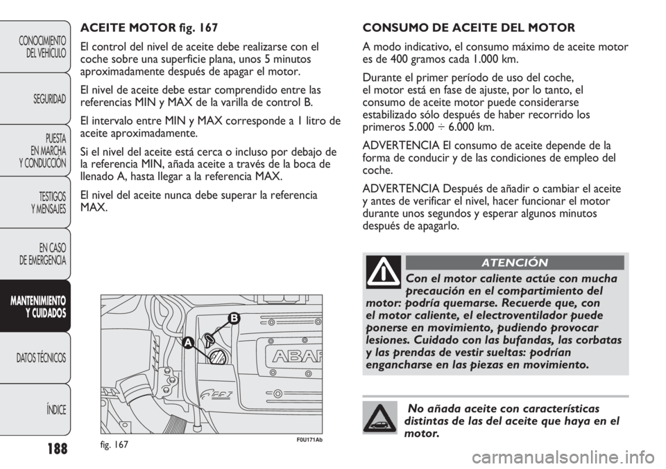 Abarth Punto Evo 2012  Manual de Empleo y Cuidado (in Spanish) 188
CONOCIMIENTO
DEL VEHÍCULO
SEGURIDAD
PUESTA 
EN MARCHA 
Y CONDUCCIÓN
TESTIGOS
Y MENSAJES
EN CASO 
DE EMERGENCIA
MANTENIMIENTO
Y CUIDADOS
DATOS TÉCNICOS
ÍNDICE
F0U171Abfig. 167
ACEITE MOTOR fig.