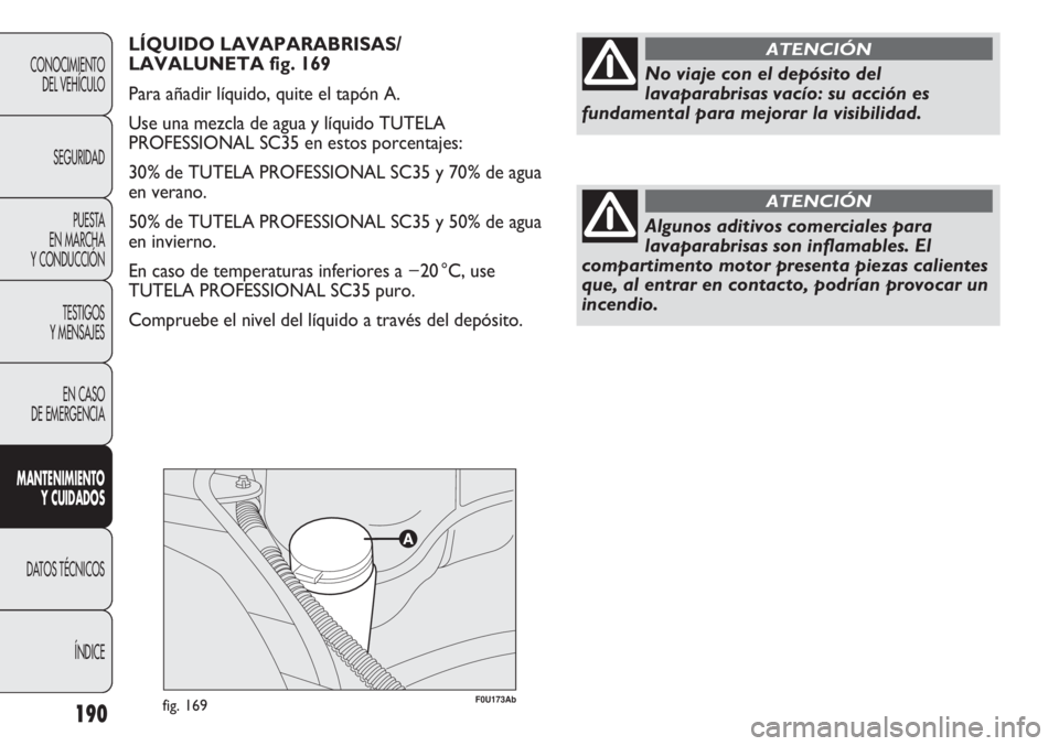 Abarth Punto Evo 2012 Manual de Empleo y Cuidado (in Spanish) F0U173Abfig. 169190
CONOCIMIENTO
DEL VEHÍCULO
SEGURIDAD
PUESTA
EN MARCHA
Y CONDUCCIÓN
TESTIGOS
Y MENSAJES
EN CASO
DE EMERGENCIA
MANTENIMIENTO
Y CUIDADOS
DATOS TÉCNICOS
ÍNDICE
LÍQUIDO LAVAPARAB Abarth Punto Evo 2012 Manual de Empleo y Cuidado (in Spanish) F0U173Abfig. 169190
CONOCIMIENTO
DEL VEHÍCULO
SEGURIDAD
PUESTA
EN MARCHA
Y CONDUCCIÓN
TESTIGOS
Y MENSAJES
EN CASO
DE EMERGENCIA
MANTENIMIENTO
Y CUIDADOS
DATOS TÉCNICOS
ÍNDICE
LÍQUIDO LAVAPARAB