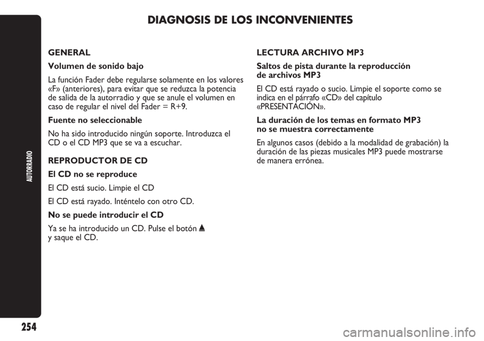 Abarth Punto Evo 2012 Manual de Empleo y Cuidado (in Spanish) DIAGNOSIS DE LOS INCONVENIENTES
AUTORRADIO
254
GENERAL
Volumen de sonido bajo
La función Fader debe regularse solamente en los valores
«F» (anteriores), para evitar que se reduzca la potencia
de s Abarth Punto Evo 2012 Manual de Empleo y Cuidado (in Spanish) DIAGNOSIS DE LOS INCONVENIENTES
AUTORRADIO
254
GENERAL
Volumen de sonido bajo
La función Fader debe regularse solamente en los valores
«F» (anteriores), para evitar que se reduzca la potencia
de s