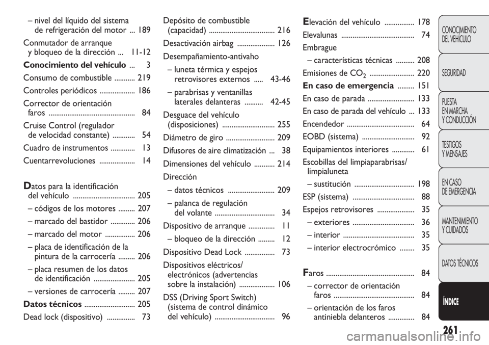 Abarth Punto Evo 2011  Manual de Empleo y Cuidado (in Spanish) 261
CONOCIMIENTO
DEL VEHÍCULO
SEGURIDAD
PUESTA 
EN MARCHA 
Y CONDUCCIÓN
TESTIGOS
Y MENSAJES
EN CASO 
DE EMERGENCIA
MANTENIMIENTO
Y CUIDADOS
DATOS TÉCNICOS
Í
ÍNDICE
Depósito de combustible 
(capa