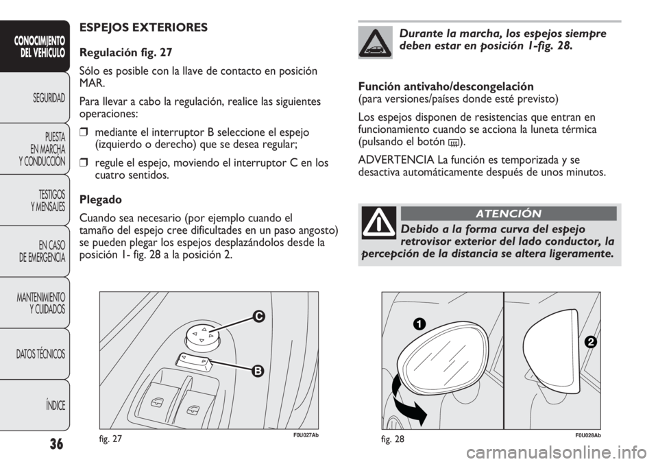 Abarth Punto Evo 2011 Manual de Empleo y Cuidado (in Spanish) F0U027Abfig. 27
ESPEJOS EXTERIORES
Regulación fig. 27
Sólo es posible con la llave de contacto en posición
MAR.
Para llevar a cabo la regulación, realice las siguientes
operaciones:
❒mediante el Abarth Punto Evo 2011 Manual de Empleo y Cuidado (in Spanish) F0U027Abfig. 27
ESPEJOS EXTERIORES
Regulación fig. 27
Sólo es posible con la llave de contacto en posición
MAR.
Para llevar a cabo la regulación, realice las siguientes
operaciones:
❒mediante el