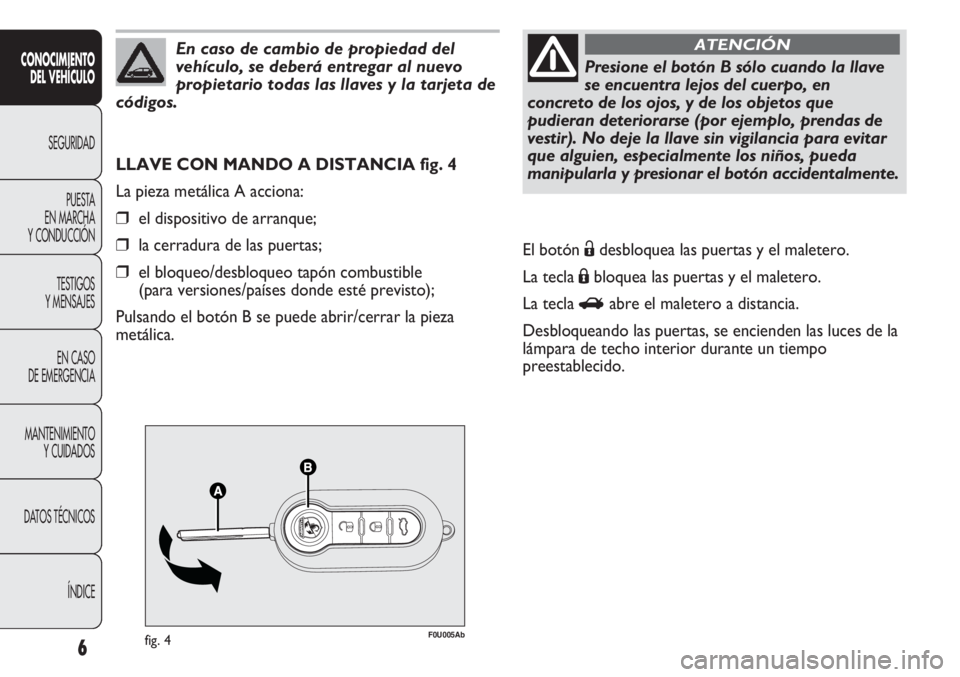 Abarth Punto Evo 2011 Manual de Empleo y Cuidado (in Spanish) 6
F0U005Abfig. 4
LLAVE CON MANDO A DISTANCIA fig. 4
La pieza metálica A acciona:
❒el dispositivo de arranque;
❒la cerradura de las puertas;
❒el bloqueo/desbloqueo tapón combustible
(para vers Abarth Punto Evo 2011 Manual de Empleo y Cuidado (in Spanish) 6
F0U005Abfig. 4
LLAVE CON MANDO A DISTANCIA fig. 4
La pieza metálica A acciona:
❒el dispositivo de arranque;
❒la cerradura de las puertas;
❒el bloqueo/desbloqueo tapón combustible
(para vers