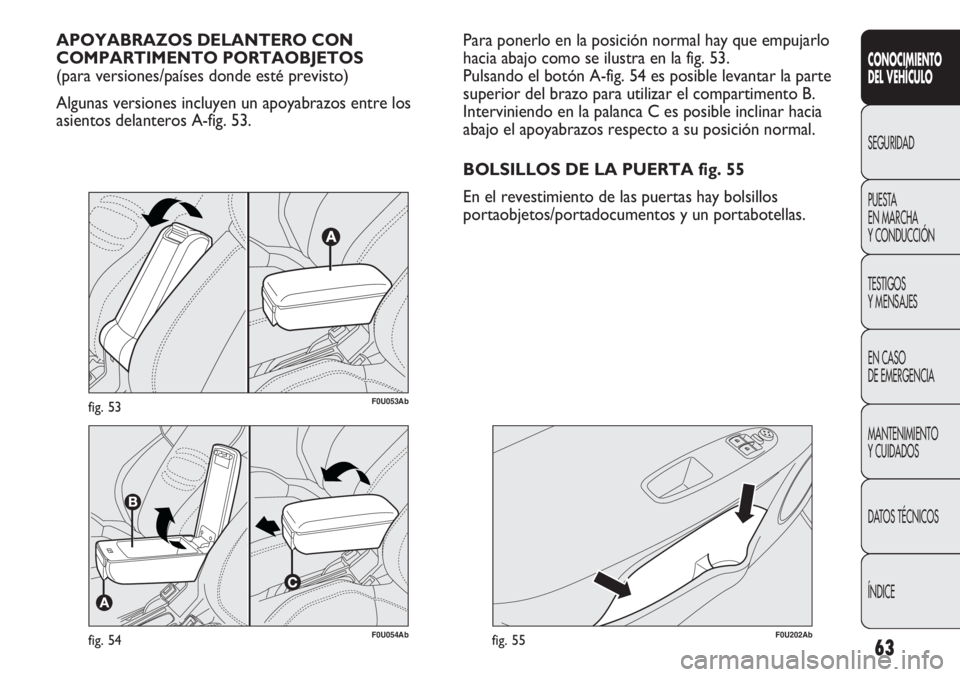 Abarth Punto Evo 2011  Manual de Empleo y Cuidado (in Spanish) 63
CONOCIMIENTO
DEL VEHÍCULO
SEGURIDAD
PUESTA 
EN MARCHA 
Y CONDUCCIÓN
TESTIGOS
Y MENSAJES
EN CASO 
DE EMERGENCIA
MANTENIMIENTO
Y CUIDADOS
DATOS TÉCNICOS
ÍNDICE
F0U054Abfig. 54
APOYABRAZOS DELANTE
