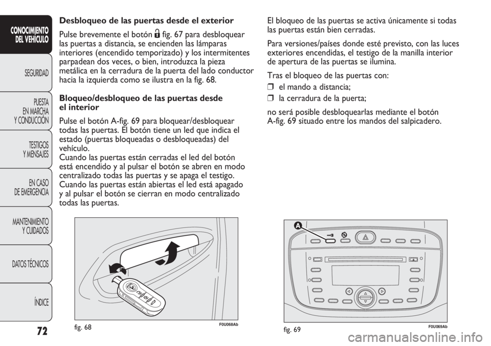 Abarth Punto Evo 2011 Manual de Empleo y Cuidado (in Spanish) 72
CONOCIMIENTO
DEL VEHÍCULO
SEGURIDAD
PUESTA
EN MARCHA
Y CONDUCCIÓN
TESTIGOS
Y MENSAJES
EN CASO
DE EMERGENCIA
MANTENIMIENTO
Y CUIDADOS
DATOS TÉCNICOS
ÍNDICE
F0U069Abfig. 69F0U068Abfig. 68
Desb Abarth Punto Evo 2011 Manual de Empleo y Cuidado (in Spanish) 72
CONOCIMIENTO
DEL VEHÍCULO
SEGURIDAD
PUESTA
EN MARCHA
Y CONDUCCIÓN
TESTIGOS
Y MENSAJES
EN CASO
DE EMERGENCIA
MANTENIMIENTO
Y CUIDADOS
DATOS TÉCNICOS
ÍNDICE
F0U069Abfig. 69F0U068Abfig. 68
Desb