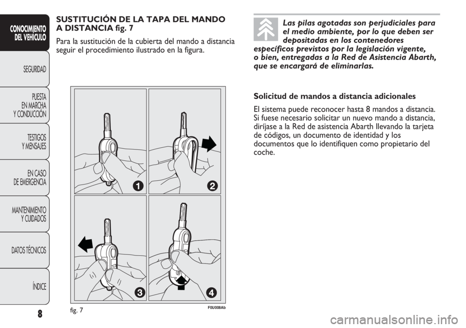 Abarth Punto Evo 2011  Manual de Empleo y Cuidado (in Spanish) Las pilas agotadas son perjudiciales para
el medio ambiente, por lo que deben ser
depositadas en los contenedores
específicos previstos por la legislación vigente,
o bien, entregadas a la Red de Asi