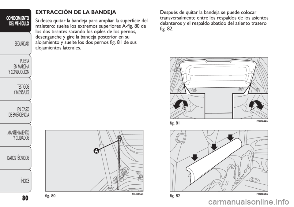 Abarth Punto Evo 2012 Manual de Empleo y Cuidado (in Spanish) 80
CONOCIMIENTO
DEL VEHÍCULO
SEGURIDAD
PUESTA
EN MARCHA
Y CONDUCCIÓN
TESTIGOS
Y MENSAJES
EN CASO
DE EMERGENCIA
MANTENIMIENTO
Y CUIDADOS
DATOS TÉCNICOS
ÍNDICE
EXTRACCIÓN DE LA BANDEJA
Si desea Abarth Punto Evo 2012 Manual de Empleo y Cuidado (in Spanish) 80
CONOCIMIENTO
DEL VEHÍCULO
SEGURIDAD
PUESTA
EN MARCHA
Y CONDUCCIÓN
TESTIGOS
Y MENSAJES
EN CASO
DE EMERGENCIA
MANTENIMIENTO
Y CUIDADOS
DATOS TÉCNICOS
ÍNDICE
EXTRACCIÓN DE LA BANDEJA
Si desea