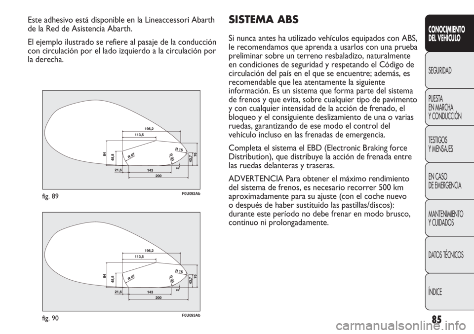 Abarth Punto Evo 2012 Manual de Empleo y Cuidado (in Spanish) 85
CONOCIMIENTO
DEL VEHÍCULO
SEGURIDAD
PUESTA
EN MARCHA
Y CONDUCCIÓN
TESTIGOS
Y MENSAJES
EN CASO
DE EMERGENCIA
MANTENIMIENTO
Y CUIDADOS
DATOS TÉCNICOS
ÍNDICE
Este adhesivo está disponible en l Abarth Punto Evo 2012 Manual de Empleo y Cuidado (in Spanish) 85
CONOCIMIENTO
DEL VEHÍCULO
SEGURIDAD
PUESTA
EN MARCHA
Y CONDUCCIÓN
TESTIGOS
Y MENSAJES
EN CASO
DE EMERGENCIA
MANTENIMIENTO
Y CUIDADOS
DATOS TÉCNICOS
ÍNDICE
Este adhesivo está disponible en l