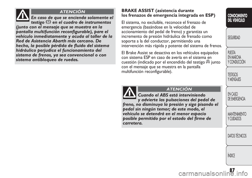 Abarth Punto Evo 2012 Manual de Empleo y Cuidado (in Spanish) 87
CONOCIMIENTO
DEL VEHÍCULO
SEGURIDAD
PUESTA
EN MARCHA
Y CONDUCCIÓN
TESTIGOS
Y MENSAJES
EN CASO
DE EMERGENCIA
MANTENIMIENTO
Y CUIDADOS
DATOS TÉCNICOS
ÍNDICE
En caso de que se encienda solament Abarth Punto Evo 2012 Manual de Empleo y Cuidado (in Spanish) 87
CONOCIMIENTO
DEL VEHÍCULO
SEGURIDAD
PUESTA
EN MARCHA
Y CONDUCCIÓN
TESTIGOS
Y MENSAJES
EN CASO
DE EMERGENCIA
MANTENIMIENTO
Y CUIDADOS
DATOS TÉCNICOS
ÍNDICE
En caso de que se encienda solament