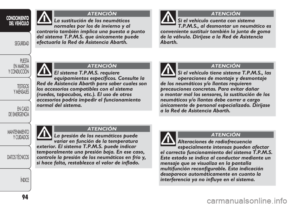 Abarth Punto Evo 2011 Manual de Empleo y Cuidado (in Spanish) 94
CONOCIMIENTO
DEL VEHÍCULO
SEGURIDAD
PUESTA
EN MARCHA
Y CONDUCCIÓN
TESTIGOS
Y MENSAJES
EN CASO
DE EMERGENCIA
MANTENIMIENTO
Y CUIDADOS
DATOS TÉCNICOS
ÍNDICE
La sustitución de los neumáticos
Abarth Punto Evo 2011 Manual de Empleo y Cuidado (in Spanish) 94
CONOCIMIENTO
DEL VEHÍCULO
SEGURIDAD
PUESTA
EN MARCHA
Y CONDUCCIÓN
TESTIGOS
Y MENSAJES
EN CASO
DE EMERGENCIA
MANTENIMIENTO
Y CUIDADOS
DATOS TÉCNICOS
ÍNDICE
La sustitución de los neumáticos