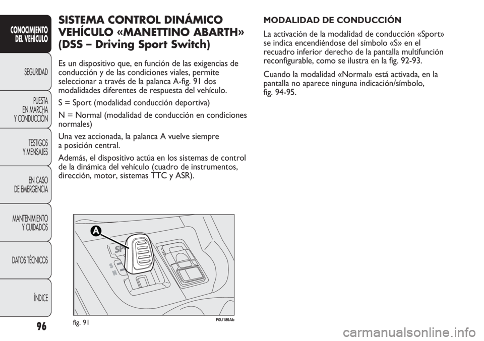 Abarth Punto Evo 2011 Manual de Empleo y Cuidado (in Spanish) 96
CONOCIMIENTO
DEL VEHÍCULO
SEGURIDAD
PUESTA
EN MARCHA
Y CONDUCCIÓN
TESTIGOS
Y MENSAJES
EN CASO
DE EMERGENCIA
MANTENIMIENTO
Y CUIDADOS
DATOS TÉCNICOS
ÍNDICE
F0U189Abfig. 91
MODALIDAD DE CONDUC Abarth Punto Evo 2011 Manual de Empleo y Cuidado (in Spanish) 96
CONOCIMIENTO
DEL VEHÍCULO
SEGURIDAD
PUESTA
EN MARCHA
Y CONDUCCIÓN
TESTIGOS
Y MENSAJES
EN CASO
DE EMERGENCIA
MANTENIMIENTO
Y CUIDADOS
DATOS TÉCNICOS
ÍNDICE
F0U189Abfig. 91
MODALIDAD DE CONDUC