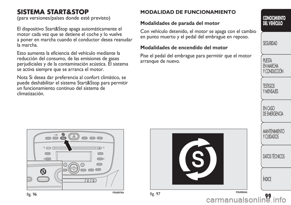 Abarth Punto Evo 2012 Manual de Empleo y Cuidado (in Spanish) 99
CONOCIMIENTO
DEL VEHÍCULO
SEGURIDAD
PUESTA
EN MARCHA
Y CONDUCCIÓN
TESTIGOS
Y MENSAJES
EN CASO
DE EMERGENCIA
MANTENIMIENTO
Y CUIDADOS
DATOS TÉCNICOS
ÍNDICE
F0U095Abfig. 97
MODALIDAD DE FUNCIO Abarth Punto Evo 2012 Manual de Empleo y Cuidado (in Spanish) 99
CONOCIMIENTO
DEL VEHÍCULO
SEGURIDAD
PUESTA
EN MARCHA
Y CONDUCCIÓN
TESTIGOS
Y MENSAJES
EN CASO
DE EMERGENCIA
MANTENIMIENTO
Y CUIDADOS
DATOS TÉCNICOS
ÍNDICE
F0U095Abfig. 97
MODALIDAD DE FUNCIO