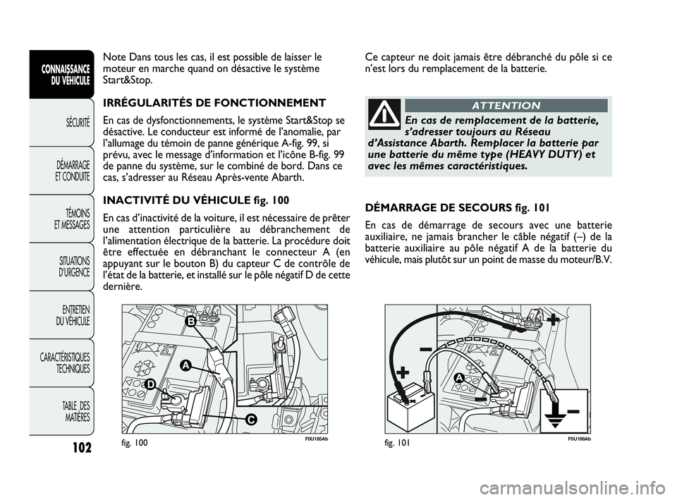 Abarth Punto Evo 2010  Notice dentretien (in French) 102
CONNAISSANCE 
DU VÉHICULE
SÉCURITÉ
DÉMARRAGE 
ET CONDUITE
TÉMOINS 
ET MESSAGES
SITUATIONS 
D’URGENCE
ENTRETIEN 
DU VÉHICULE
CARACTÉRISTIQUES
TECHNIQUES
TABLE  DES 
MATIÈRES
F0U185Abfig. 