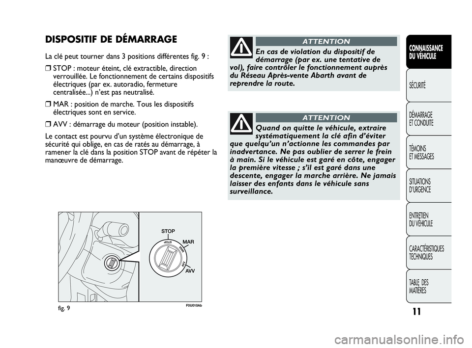 Abarth Punto Evo 2010  Notice dentretien (in French) fig. 9F0U010Ab
En cas de violation du dispositif de
démarrage (par ex. une tentative de
vol), faire contrôler le fonctionnement auprès
du Réseau Après-vente Abarth avant de
reprendre la route.
AT