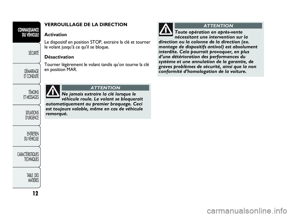 Abarth Punto Evo 2010  Notice dentretien (in French) 12
CONNAISSANCE 
DU VÉHICULE
SÉCURITÉ
DÉMARRAGE 
ET CONDUITE
TÉMOINS 
ET MESSAGES
SITUATIONS 
D’URGENCE
ENTRETIEN 
DU VÉHICULE
CARACTÉRISTIQUES
TECHNIQUES
TABLE  DES 
MATIÈRES
Ne jamais extr