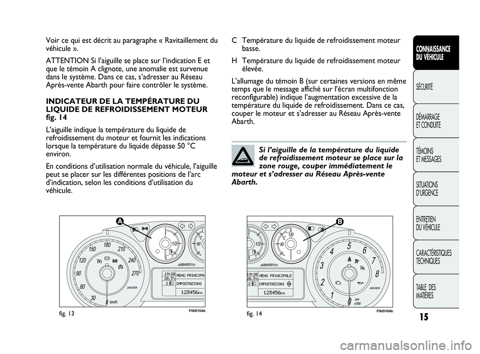 Abarth Punto Evo 2010 Notice dentretien (in French) 15
CONNAISSANCE
DU VÉHICULE
SÉCURITÉ
DÉMARRAGE
ET CONDUITE
TÉMOINS
ET MESSAGES
SITUATIONS
D’URGENCE
ENTRETIEN
DU VÉHICULE
CARACTÉRISTIQUES
TECHNIQUES
TABLE DES
MATIÈRES
F0U015Abfig. 1 Abarth Punto Evo 2010 Notice dentretien (in French) 15
CONNAISSANCE
DU VÉHICULE
SÉCURITÉ
DÉMARRAGE
ET CONDUITE
TÉMOINS
ET MESSAGES
SITUATIONS
D’URGENCE
ENTRETIEN
DU VÉHICULE
CARACTÉRISTIQUES
TECHNIQUES
TABLE DES
MATIÈRES
F0U015Abfig. 1