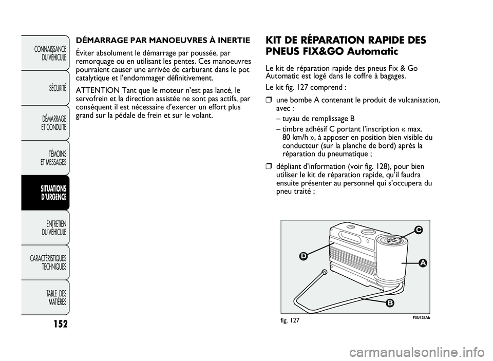 Abarth Punto Evo 2010 Notice dentretien (in French) 152
CONNAISSANCE
DU VÉHICULE
SÉCURITÉ
DÉMARRAGE
ET CONDUITE
TÉMOINS
ET MESSAGES
SITUATIONS
D’URGENCE
ENTRETIEN
DU VÉHICULE
CARACTÉRISTIQUES
TECHNIQUES
TABLE DES
MATIÈRES
F0U128Abfig. 127
KIT Abarth Punto Evo 2010 Notice dentretien (in French) 152
CONNAISSANCE
DU VÉHICULE
SÉCURITÉ
DÉMARRAGE
ET CONDUITE
TÉMOINS
ET MESSAGES
SITUATIONS
D’URGENCE
ENTRETIEN
DU VÉHICULE
CARACTÉRISTIQUES
TECHNIQUES
TABLE DES
MATIÈRES
F0U128Abfig. 127
KIT