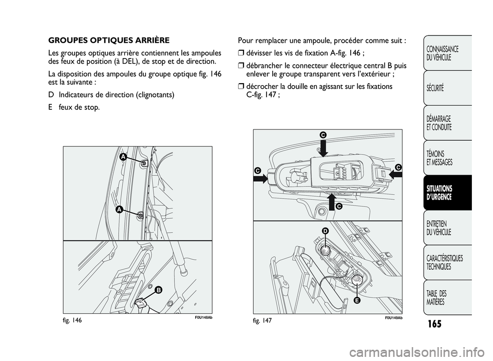 Abarth Punto Evo 2010 Notice dentretien (in French) 165
CONNAISSANCE
DU VÉHICULE
SÉCURITÉ
DÉMARRAGE
ET CONDUITE
TÉMOINS
ET MESSAGES
SITUATIONS
D’URGENCE
ENTRETIEN
DU VÉHICULE
CARACTÉRISTIQUES
TECHNIQUES
TA B L E D E S
MATIÈRES
GROUPES OPTIQUE Abarth Punto Evo 2010 Notice dentretien (in French) 165
CONNAISSANCE
DU VÉHICULE
SÉCURITÉ
DÉMARRAGE
ET CONDUITE
TÉMOINS
ET MESSAGES
SITUATIONS
D’URGENCE
ENTRETIEN
DU VÉHICULE
CARACTÉRISTIQUES
TECHNIQUES
TA B L E D E S
MATIÈRES
GROUPES OPTIQUE